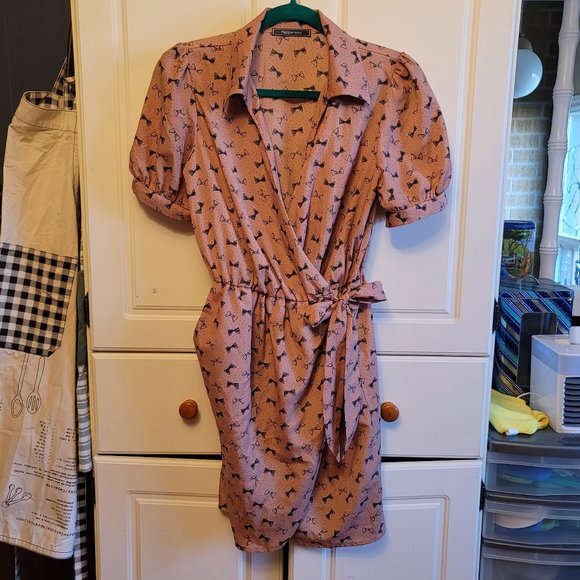 Peppermint Dusty Rose Bow Print Mini Wrap Dress - Picture 2 of 6